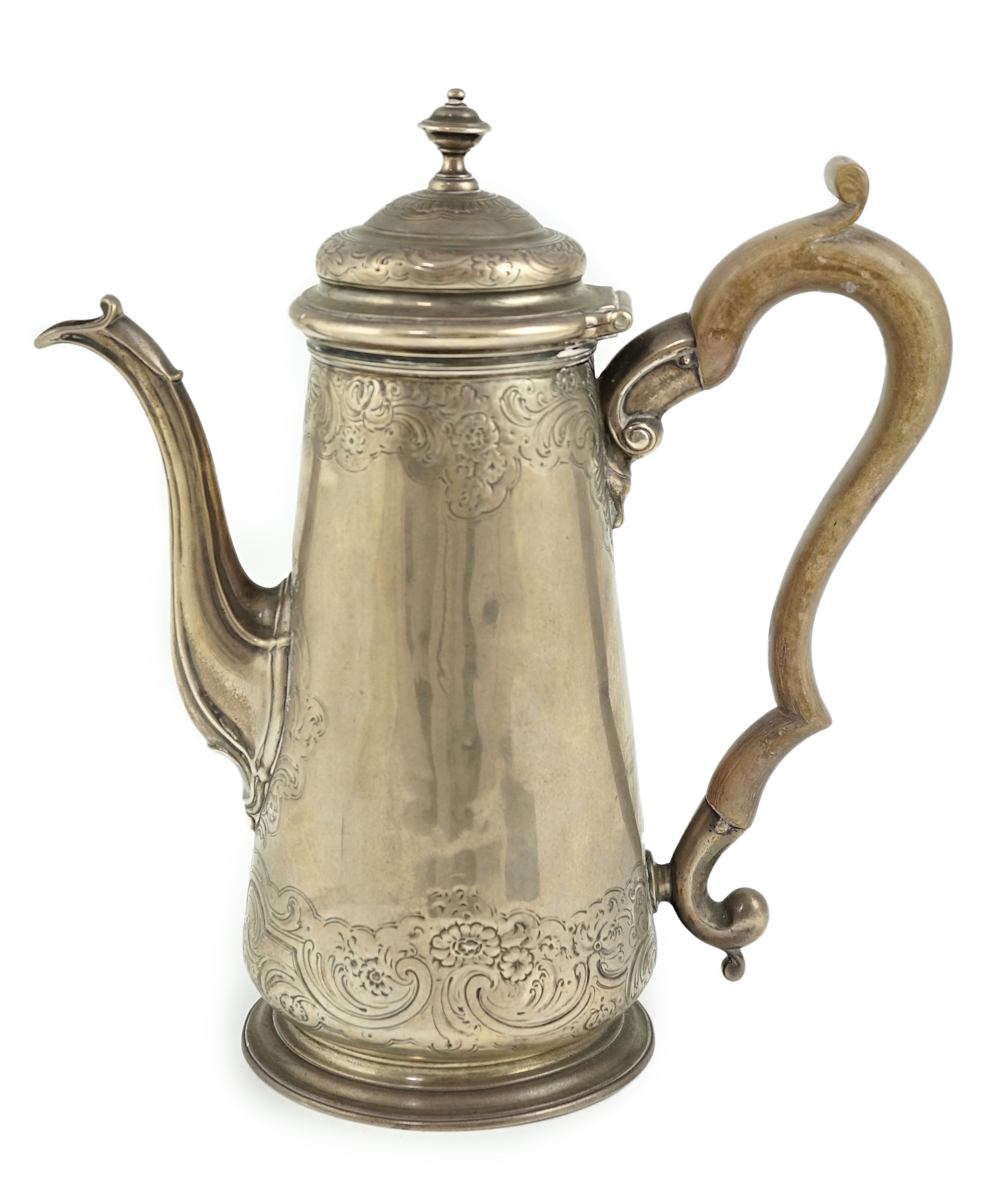 A George II silver coffee pot with later engraved decoration, Robert Tyrrill